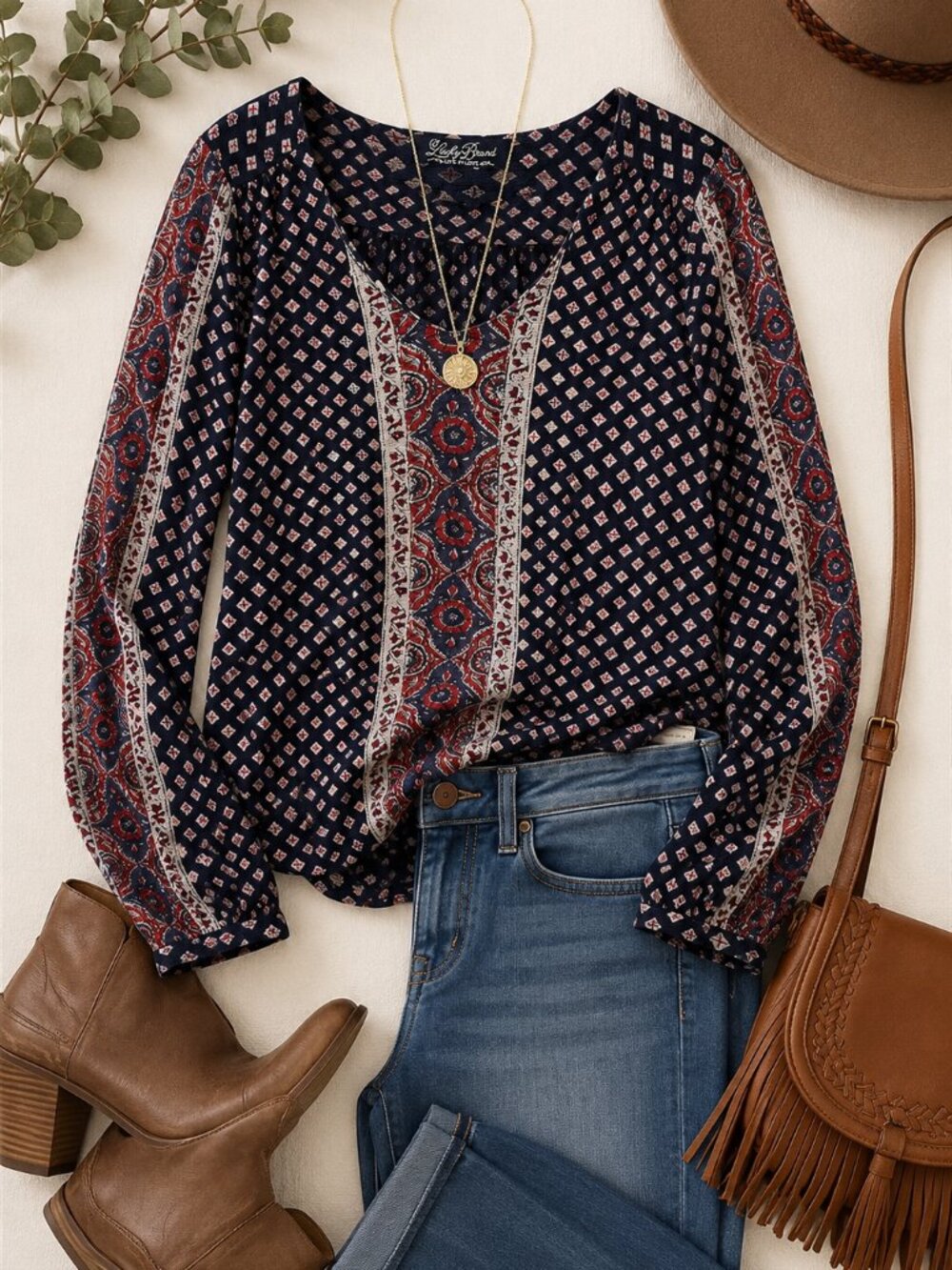 Lucky Brand Boho Print Long Sleeve Top Navy Red Women's Lightweight Blouse